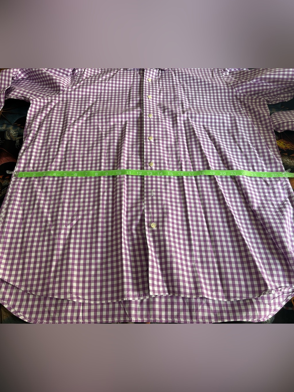 TAKING OFFERS! Tom James Custom Purple Gingham Dress Shirt, *XL (see measurement - Picture 7 of 9